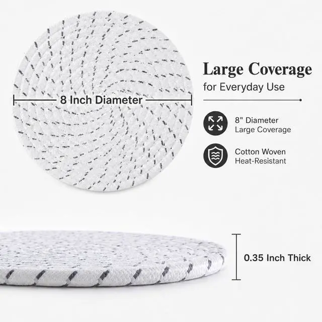 Alt view image 3 of 7 - 8 Inch Woven Trivets for Hot Dishes, 5 Pack Large Heat Resistant Cotton Hot Pads for Pots, Pans, Coffee Pot, Teapot, Plates & Planters, Farmhouse Boho Kitchen Decor for Table and Countertop