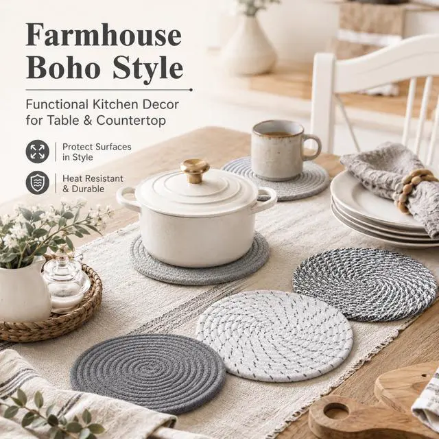 Alt view image 5 of 7 - 8 Inch Woven Trivets for Hot Dishes, 5 Pack Large Heat Resistant Cotton Hot Pads for Pots, Pans, Coffee Pot, Teapot, Plates & Planters, Farmhouse Boho Kitchen Decor for Table and Countertop