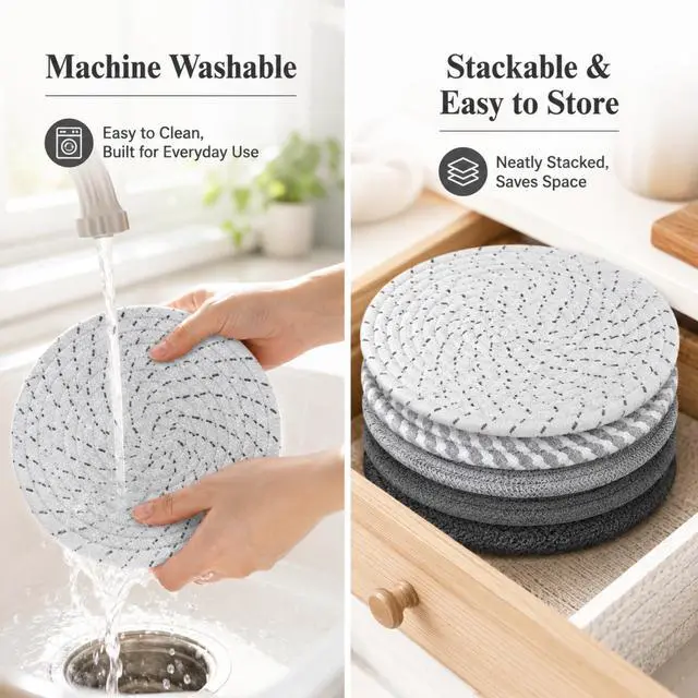 Alt view image 6 of 7 - 8 Inch Woven Trivets for Hot Dishes, 5 Pack Large Heat Resistant Cotton Hot Pads for Pots, Pans, Coffee Pot, Teapot, Plates & Planters, Farmhouse Boho Kitchen Decor for Table and Countertop