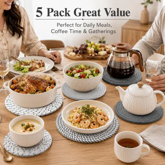 Alt view image 7 of 7 - 8 Inch Woven Trivets for Hot Dishes, 5 Pack Large Heat Resistant Cotton Hot Pads for Pots, Pans, Coffee Pot, Teapot, Plates & Planters, Farmhouse Boho Kitchen Decor for Table and Countertop