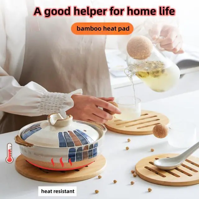 Alt view image 2 of 7 - Hot Pads Trivet,Table Solid Bamboo Wood Trivets for Hot Dishes and Pot with Non-Slip Pads Heat Resistant Pads Teapot Trivet 4pcs(Multi Size,2 Square 2 Round)