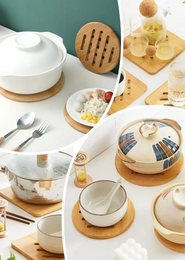 Alt view image 3 of 7 - Hot Pads Trivet,Table Solid Bamboo Wood Trivets for Hot Dishes and Pot with Non-Slip Pads Heat Resistant Pads Teapot Trivet 4pcs(Multi Size,2 Square 2 Round)