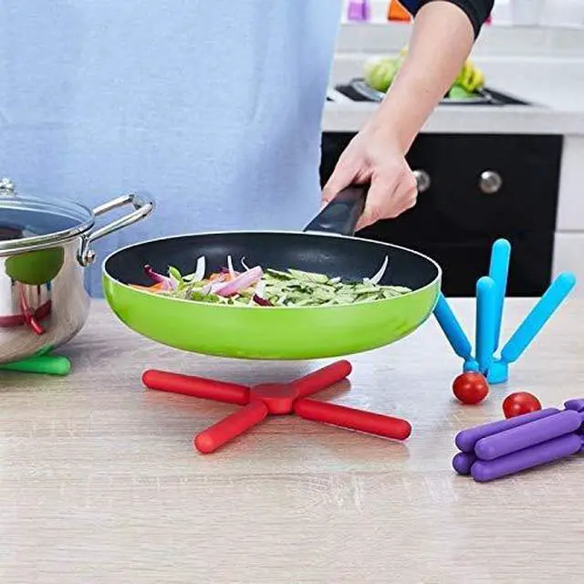 Alt view image 4 of 5 - 3/Pack Foldable Silicone Trivets, Folding Trivets, Non-Slip Collapsible Cross Compact Design Expandable Silicone Pot Holder, Black