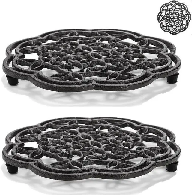 Main image of 2 Pack Cast Iron Trivet Heavy Duty, 7.7 inch Round Metal Trivet for Hot Pans or Teapot, Rustproof Pot Stands Holders with Rubber Pegs for Countertop, Dining Table, Kitchen Farmhouse Decoration