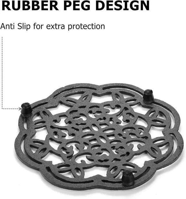 Alt view image 4 of 7 - 2 Pack Cast Iron Trivet Heavy Duty, 7.7 inch Round Metal Trivet for Hot Pans or Teapot, Rustproof Pot Stands Holders with Rubber Pegs for Countertop, Dining Table, Kitchen Farmhouse Decoration