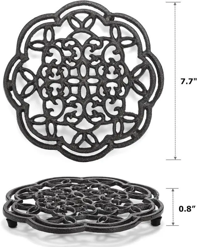 Alt view image 2 of 7 - 2 Pack Cast Iron Trivet Heavy Duty, 7.7 inch Round Metal Trivet for Hot Pans or Teapot, Rustproof Pot Stands Holders with Rubber Pegs for Countertop, Dining Table, Kitchen Farmhouse Decoration