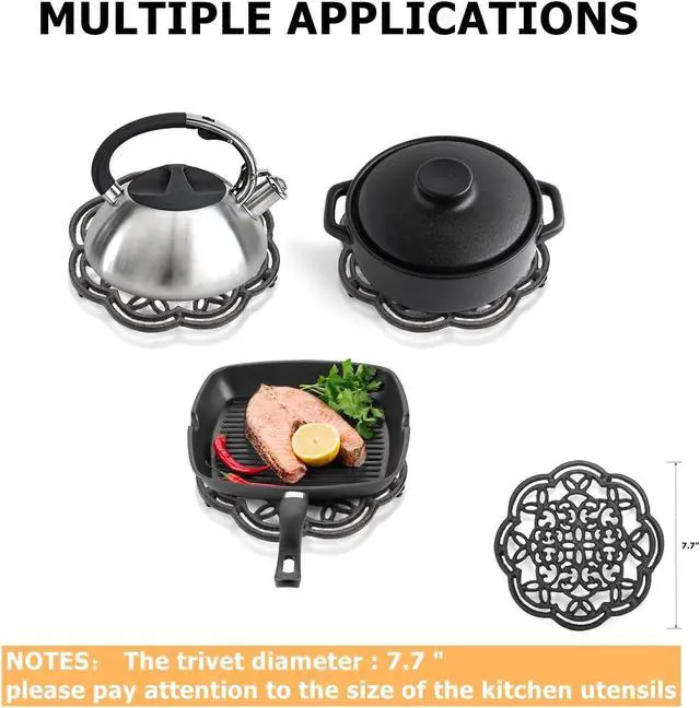 Alt view image 3 of 7 - 2 Pack Cast Iron Trivet Heavy Duty, 7.7 inch Round Metal Trivet for Hot Pans or Teapot, Rustproof Pot Stands Holders with Rubber Pegs for Countertop, Dining Table, Kitchen Farmhouse Decoration