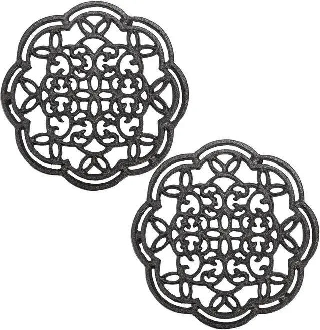 Alt view image 6 of 7 - 2 Pack Cast Iron Trivet Heavy Duty, 7.7 inch Round Metal Trivet for Hot Pans or Teapot, Rustproof Pot Stands Holders with Rubber Pegs for Countertop, Dining Table, Kitchen Farmhouse Decoration