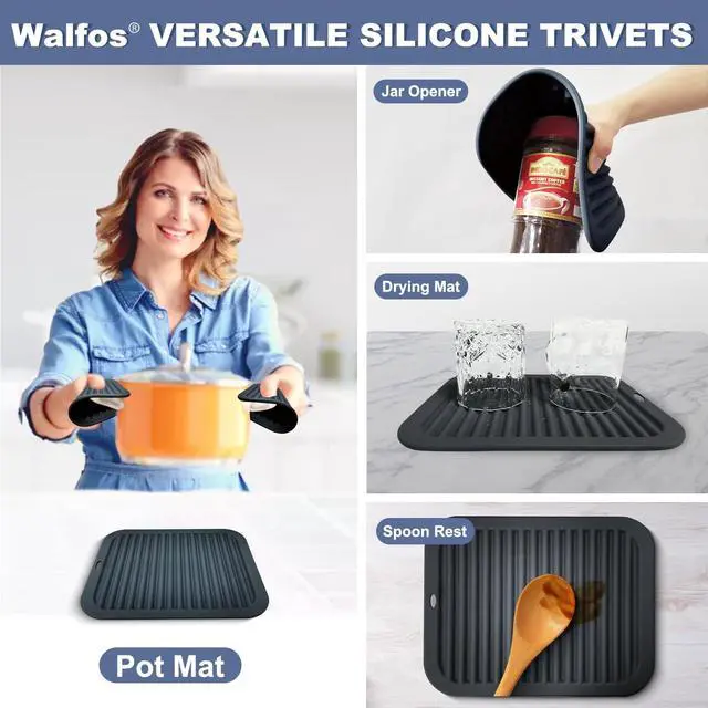 Alt view image 3 of 7 - Silicone Trivets for Hot Pots and Pans - 446°F Heat Resistant Hot Pads for Kitchen Counter- 4 Pcs Multi-Purpose & Versatile Trivet Mat - Long-Lasting & Flexible Silicone Hot PadBlack