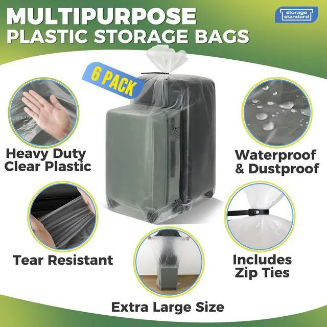 Alt view image 5 of 7 - 6-Pack Large Clear Plastic Bags for Storage - Waterproof Extra Large Plastic Bags with Zip Ties, Heavy-Duty Cover for Luggage, Suitcases, Strollers & Travel Gear - 40 x 60 Inches
