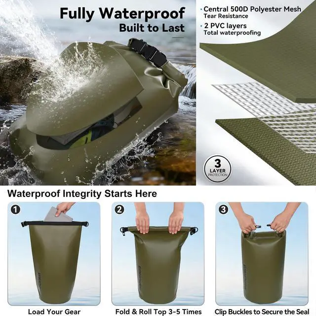 Alt view image 3 of 7 - Floating Waterproof Dry Bag Backpack 5L/10L/20L/30L/40L, Roll Top Sack Keeps Gear Dry for Kayaking, Rafting, Boating, Swimming, Camping, Hiking, Beach, Fishing (Army Green, 5L)