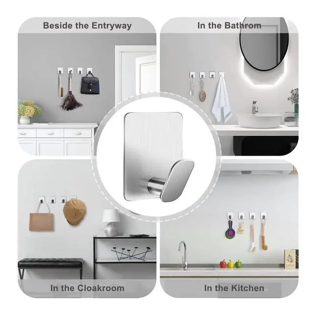 Alt view image 4 of 6 - Adhesive Towel Hooks - SUS 304 Stainless Steel Shower Hooks for Bathroom Kitchen, No Drill for Hanging Towel Robe Coat(Silver, 26lb Max)