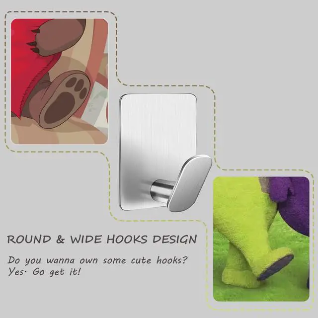 Alt view image 3 of 6 - Adhesive Towel Hooks - SUS 304 Stainless Steel Shower Hooks for Bathroom Kitchen, No Drill for Hanging Towel Robe Coat(Silver, 26lb Max)