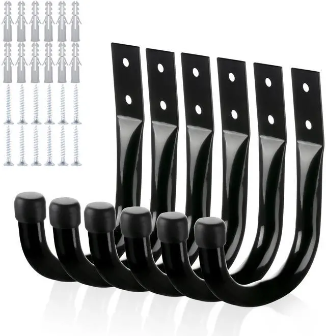 Main image of Metal Wall Hooks for Hanging Heavy Duty, 6Pcs Garage Organization and Storage Hook for Extension Cord Tool Coat Backpack Bag, Large Utility J Hooks, Black Wall Mount Hanges for Outdoor Indoor