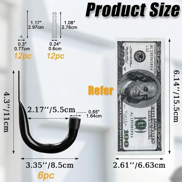 Alt view image 7 of 7 - Metal Wall Hooks for Hanging Heavy Duty, 6Pcs Garage Organization and Storage Hook for Extension Cord Tool Coat Backpack Bag, Large Utility J Hooks, Black Wall Mount Hanges for Outdoor Indoor