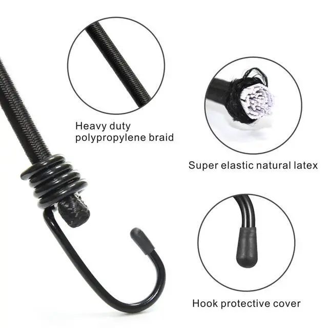 Alt view image 3 of 6 - Bungee Cords with Hooks, Heavy Duty Outdoor Elastic Bungee StrapsNo Odour Industrial Grade Bungee Rope for Securing Tarps, Luggage, Tents, Bikes or Garden Tidying 24inch 4Pcs (Black)