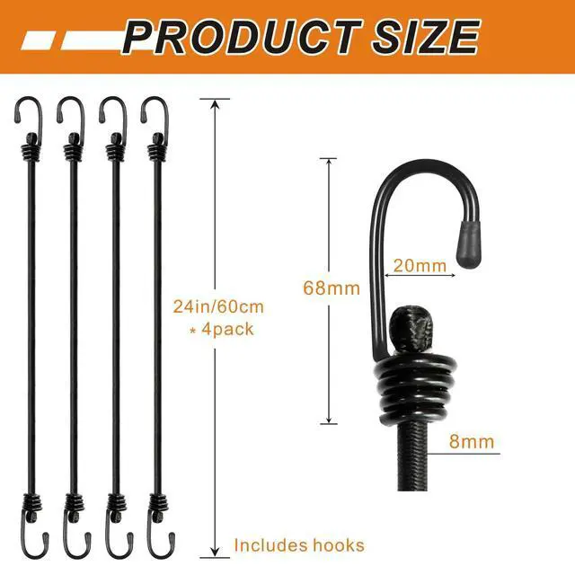 Alt view image 5 of 6 - Bungee Cords with Hooks, Heavy Duty Outdoor Elastic Bungee StrapsNo Odour Industrial Grade Bungee Rope for Securing Tarps, Luggage, Tents, Bikes or Garden Tidying 24inch 4Pcs (Black)