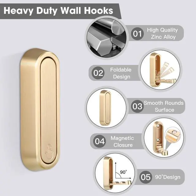 Alt view image 2 of 7 - Folding Coat Hooks, 2 Pcs Foldable Gold Wall Hooks Heavy Duty Foldable Hook Bathroom Towel Hooks Robe Hooks Wall Mounted for Hanging Coat Towels Clothes Hat Bags Keys