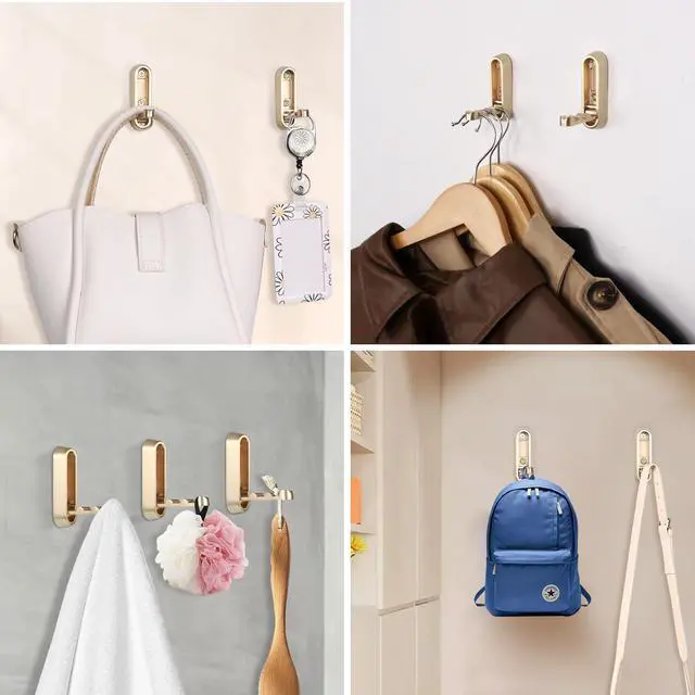 Alt view image 7 of 7 - Folding Coat Hooks, 2 Pcs Foldable Gold Wall Hooks Heavy Duty Foldable Hook Bathroom Towel Hooks Robe Hooks Wall Mounted for Hanging Coat Towels Clothes Hat Bags Keys