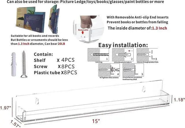 Alt view image 2 of 6 - 15 Inch Invisible Acrylic Floating Wall Ledge Shelf,Wall Mounted Nursery Kids Bookshelf, Invisible Spice Rack, Clear 5MM Thick Bathroom Storage Shelves Display Organizer, Transparent (2 Pack)