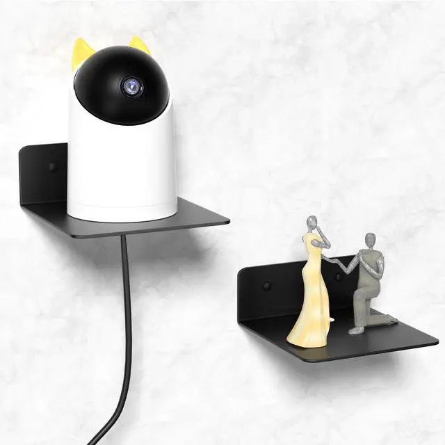 Main image of Small Floating Shelves for Wall, 5 Inch Metal Wall Shelves - Adhesive Installation, Display Ledges Set of 2, Perfect for Echo, Cameras, Mini Decor, Funkos, Figurines (Black)