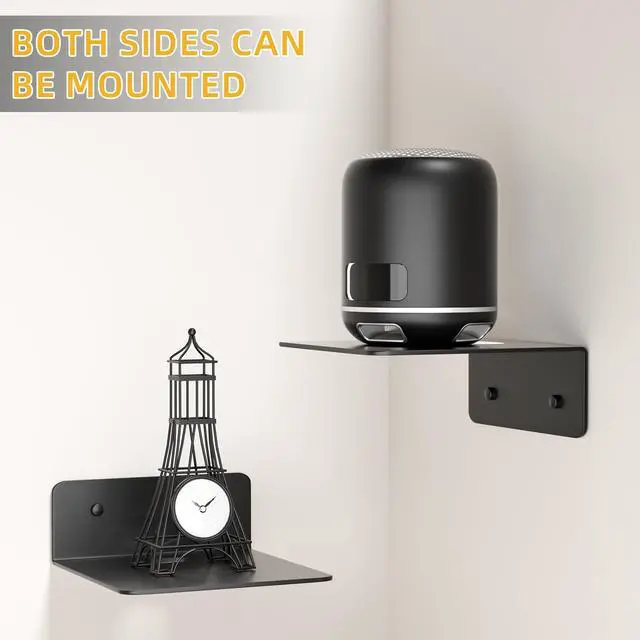 Alt view image 4 of 7 - Small Floating Shelves for Wall, 5 Inch Metal Wall Shelves - Adhesive Installation, Display Ledges Set of 2, Perfect for Echo, Cameras, Mini Decor, Funkos, Figurines (Black)
