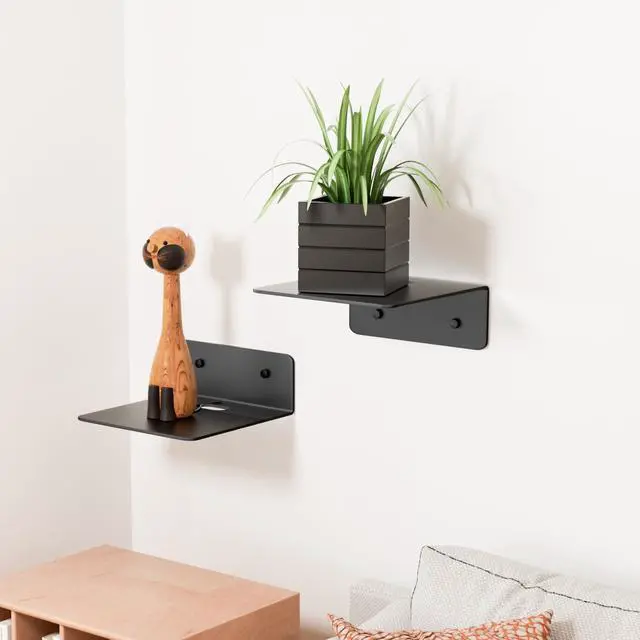 Alt view image 6 of 7 - Small Floating Shelves for Wall, 5 Inch Metal Wall Shelves - Adhesive Installation, Display Ledges Set of 2, Perfect for Echo, Cameras, Mini Decor, Funkos, Figurines (Black)