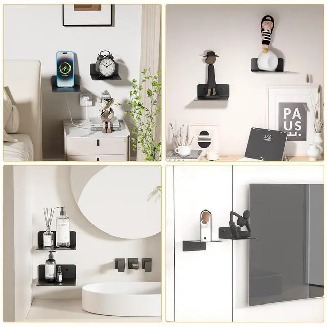 Alt view image 7 of 7 - Small Floating Shelves for Wall, 5 Inch Metal Wall Shelves - Adhesive Installation, Display Ledges Set of 2, Perfect for Echo, Cameras, Mini Decor, Funkos, Figurines (Black)