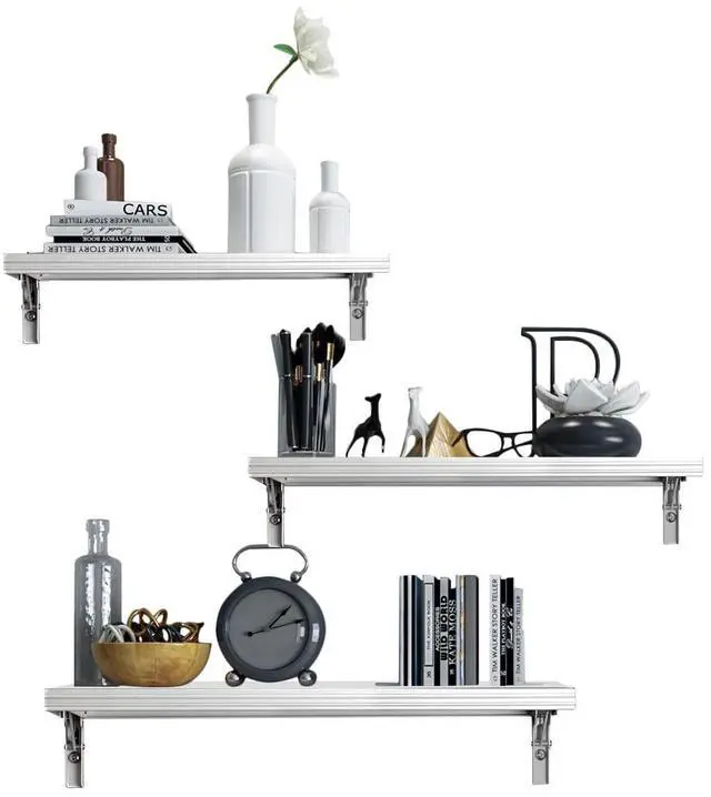 Main image of Floating Shelves Wall Mounted Set, Water Proof Wall Shelves for Living Room, Dining Room, Bedroom, Kitchen, Office and Greenhouse (Silver Grey Set of 3)
