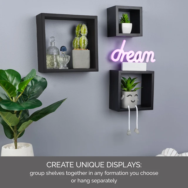 Alt view image 3 of 5 - Floating Wall Square Cube Shelves for Bedroom, Living Room, Bathroom, Kitchen - Wood, Set of 3, Black