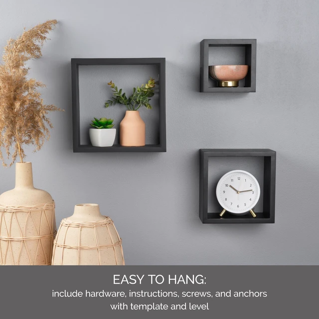 Alt view image 4 of 5 - Floating Wall Square Cube Shelves for Bedroom, Living Room, Bathroom, Kitchen - Wood, Set of 3, Black