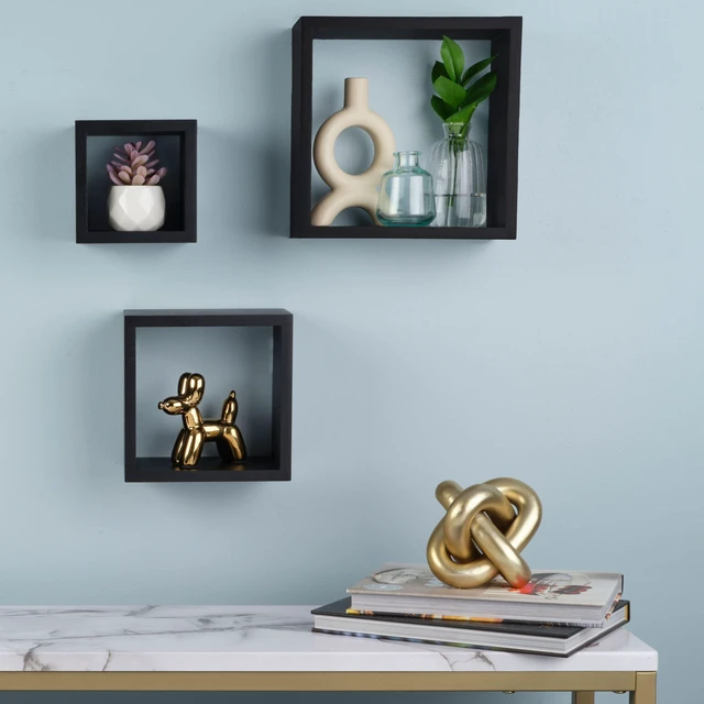 Alt view image 5 of 5 - Floating Wall Square Cube Shelves for Bedroom, Living Room, Bathroom, Kitchen - Wood, Set of 3, Black