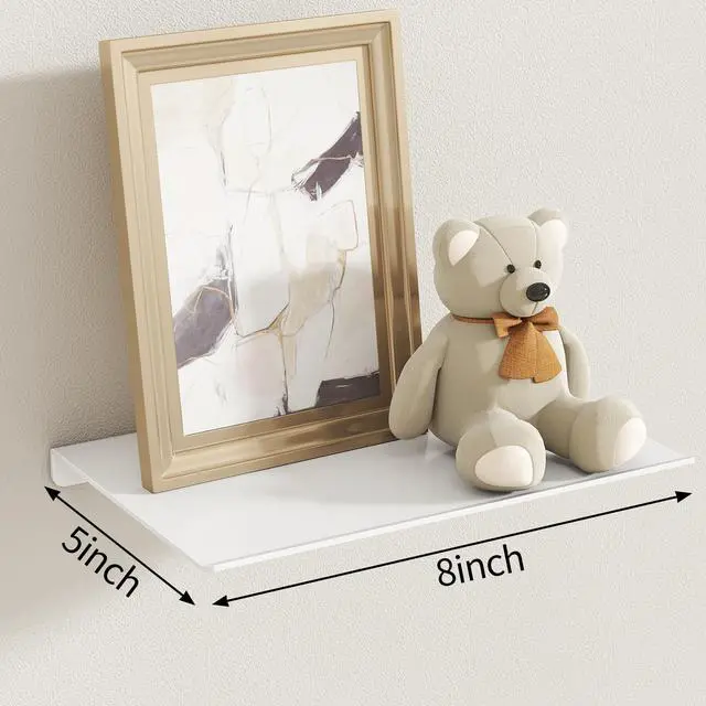 Alt view image 3 of 7 - 8" Small Floating Shelves for Wall, Metal Wall Mounted Shelf for Bathroom, Bedroom, Living Room, Kitchen, Little Hanging Shelves for Books/Storage/Room Decor 2 Packs, White