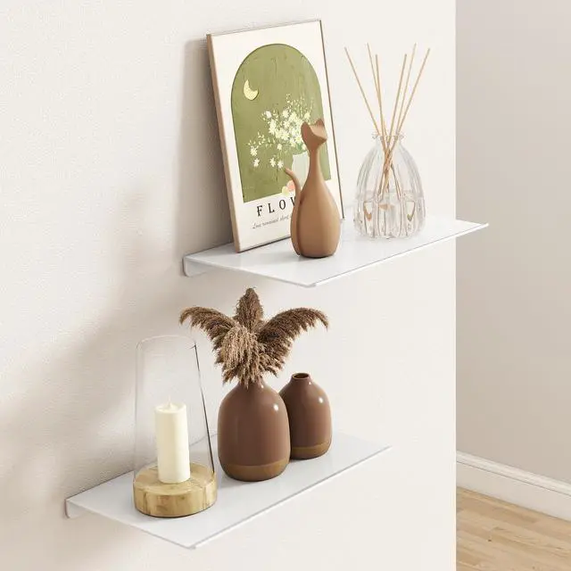 Alt view image 2 of 7 - 8" Small Floating Shelves for Wall, Metal Wall Mounted Shelf for Bathroom, Bedroom, Living Room, Kitchen, Little Hanging Shelves for Books/Storage/Room Decor 2 Packs, White