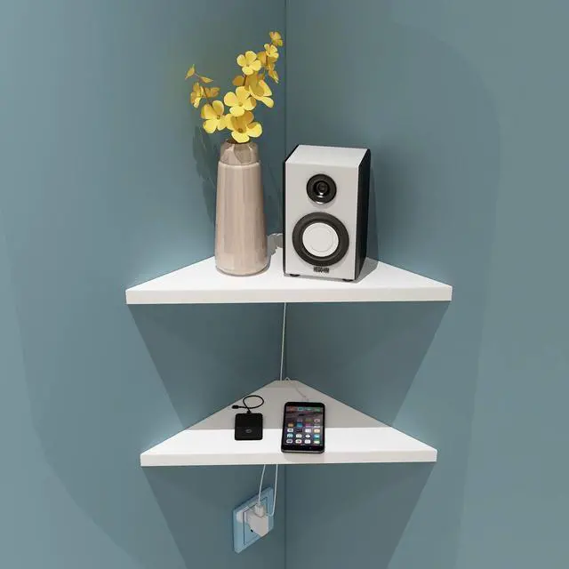Alt view image 3 of 6 - Corner Mounting Shelf Set of 2 Easy to Install Floating Wall Shelves with Wood Grain Finish, Durable and Waterproof ABS Plastic for Kitchen, Bathroom, Living Room Home Décor