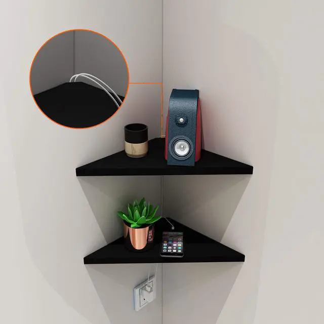 Alt view image 4 of 6 - Corner Mounting Shelf Set of 2 Easy to Install Floating Wall Shelves with Wood Grain Finish, Durable and Waterproof ABS Plastic for Kitchen, Bathroom, Living Room Home Décor