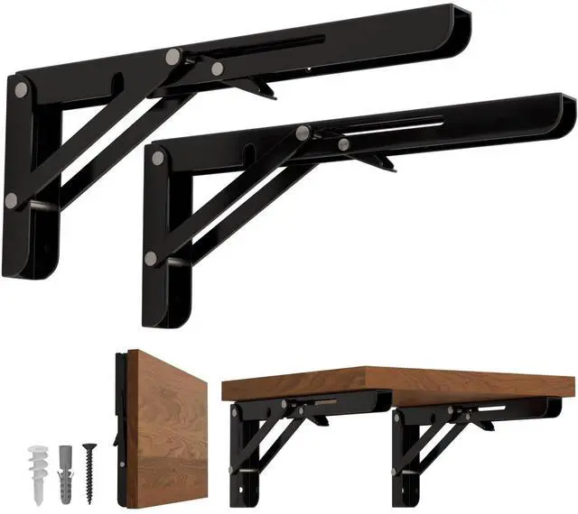 Main image of 8 inch Folding Shelf Brackets-2 Pack Foldable Heavy Duty Triangle Collapsible Wall Mounted Brackets for Fold Down Table, Space Saving for Bench Table with Screws, Black