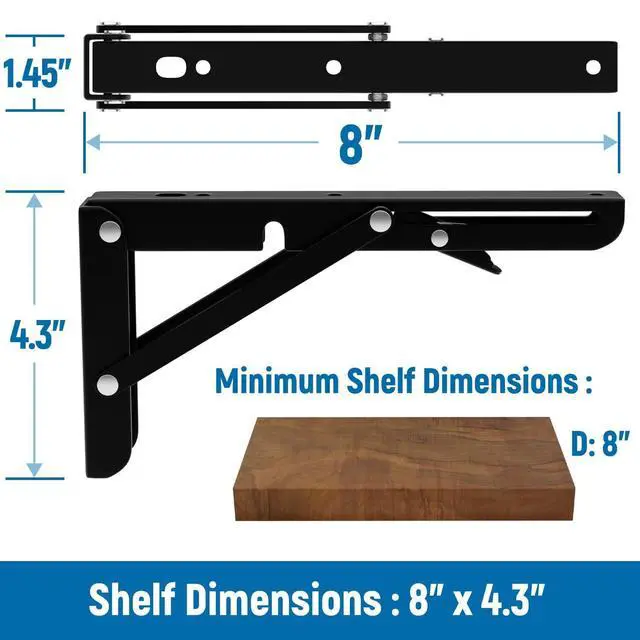 Alt view image 2 of 7 - 8 inch Folding Shelf Brackets-2 Pack Foldable Heavy Duty Triangle Collapsible Wall Mounted Brackets for Fold Down Table, Space Saving for Bench Table with Screws, Black