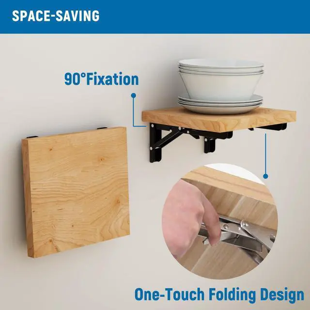 Alt view image 4 of 7 - 8 inch Folding Shelf Brackets-2 Pack Foldable Heavy Duty Triangle Collapsible Wall Mounted Brackets for Fold Down Table, Space Saving for Bench Table with Screws, Black