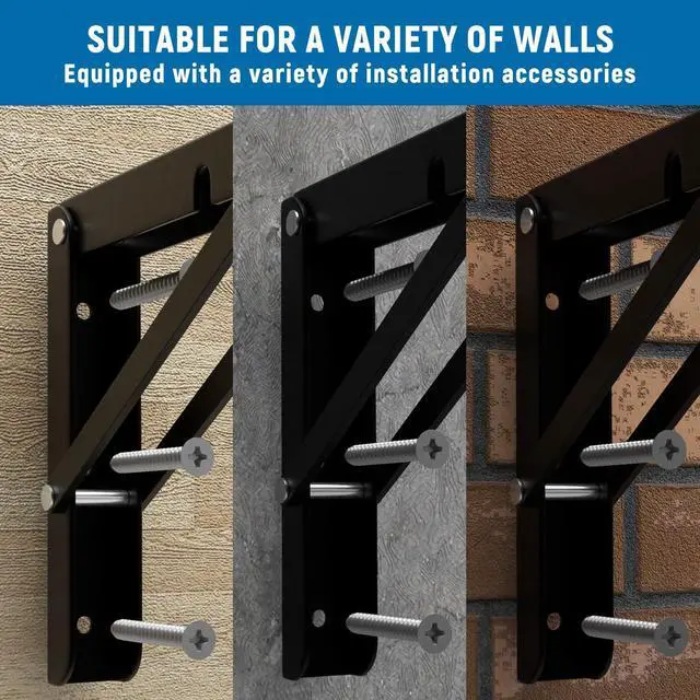 Alt view image 5 of 7 - 8 inch Folding Shelf Brackets-2 Pack Foldable Heavy Duty Triangle Collapsible Wall Mounted Brackets for Fold Down Table, Space Saving for Bench Table with Screws, Black