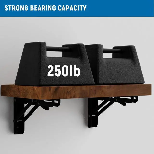Alt view image 6 of 7 - 8 inch Folding Shelf Brackets-2 Pack Foldable Heavy Duty Triangle Collapsible Wall Mounted Brackets for Fold Down Table, Space Saving for Bench Table with Screws, Black