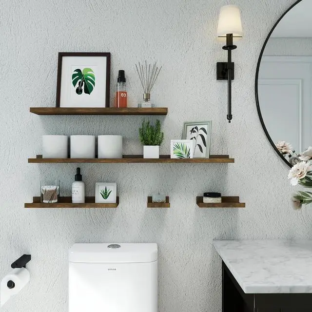 Alt view image 5 of 6 - Small Floating Shelves for Wall Decor, Wall Mounted Wood Shelf for Bedroom, Living Room, Bathroom, Kitchen, Nursery, Display Ledge Shelf with Lip Set of 2-8 Inches, Brown