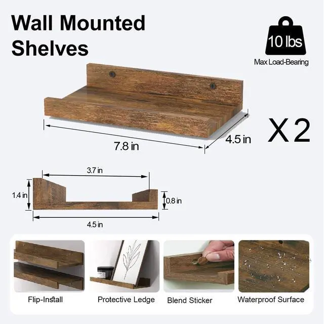 Alt view image 2 of 6 - Small Floating Shelves for Wall Decor, Wall Mounted Wood Shelf for Bedroom, Living Room, Bathroom, Kitchen, Nursery, Display Ledge Shelf with Lip Set of 2-8 Inches, Brown