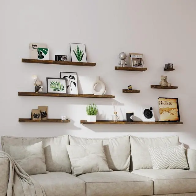 Alt view image 6 of 6 - Small Floating Shelves for Wall Decor, Wall Mounted Wood Shelf for Bedroom, Living Room, Bathroom, Kitchen, Nursery, Display Ledge Shelf with Lip Set of 2-8 Inches, Brown
