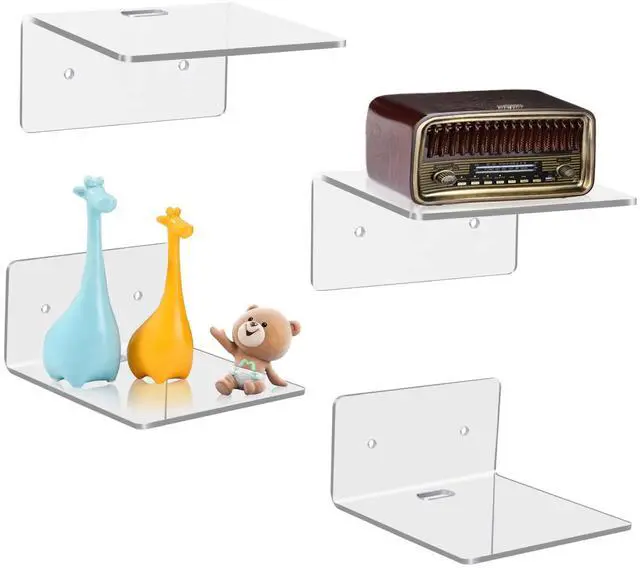 Main image of 4 Pack Small Wall Shelf, 4'' Acrylic Wall Shelves Display Ledges for Storage & Decoration, Small Floating Shelf for Wall with 2 Types of Installation (Adhesive or Screw)