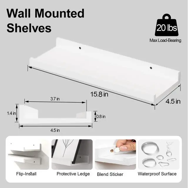 Alt view image 3 of 6 - White Floating Shelves for Wall Decor, Wall Mounted Wood Storage Shelf for Bedroom, Living Room, Bathroom, Kitchen, Nursery, Display Picture Ledge Shelf with Lip Set of 2-16 Inches, White