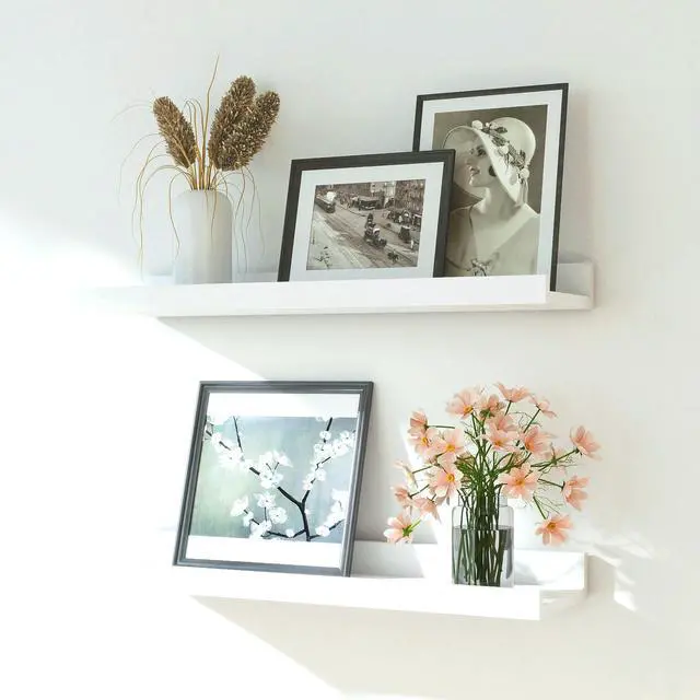 Main image of White Floating Shelves for Wall Decor, Wall Mounted Wood Storage Shelf for Bedroom, Living Room, Bathroom, Kitchen, Nursery, Display Picture Ledge Shelf with Lip Set of 2-16 Inches, White