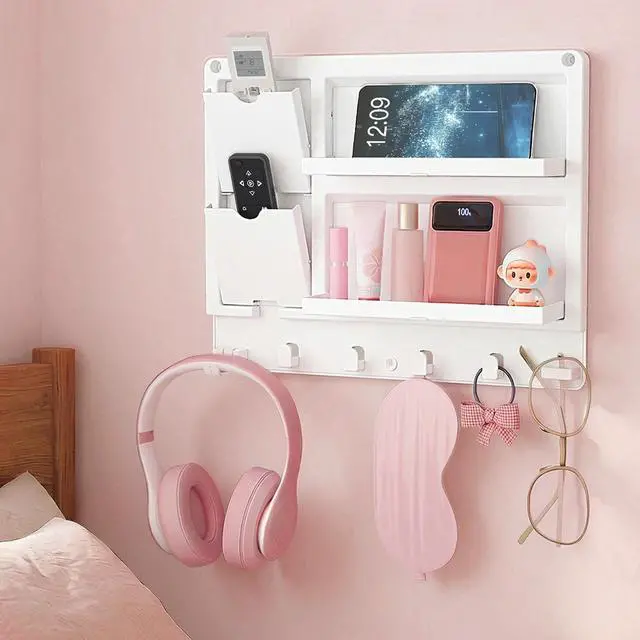 Main image of Plastic Adhesive Bedside Shelf, Floating Pegboard Shelves, Key Remote Control Holder, Wall Organizer for Glasses, Phone, Earbuds, Bedroom Decor, Dorm Room Essentials, White