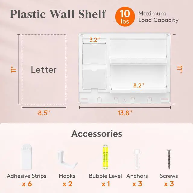 Alt view image 3 of 7 - Plastic Adhesive Bedside Shelf, Floating Pegboard Shelves, Key Remote Control Holder, Wall Organizer for Glasses, Phone, Earbuds, Bedroom Decor, Dorm Room Essentials, White