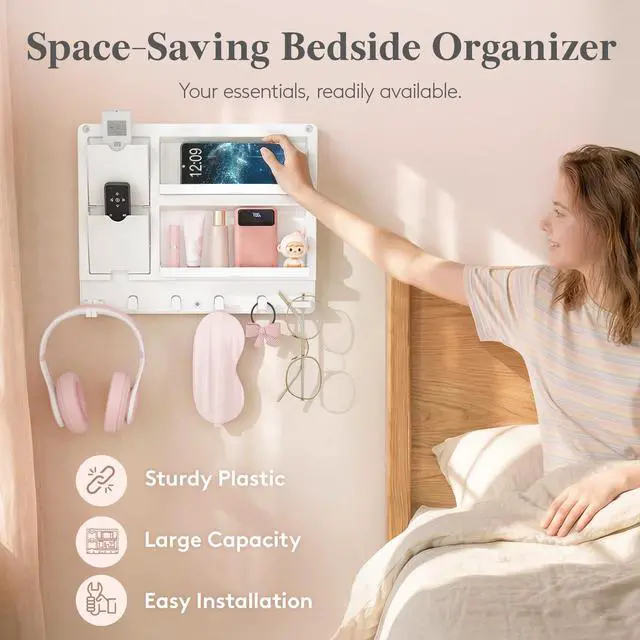 Alt view image 5 of 7 - Plastic Adhesive Bedside Shelf, Floating Pegboard Shelves, Key Remote Control Holder, Wall Organizer for Glasses, Phone, Earbuds, Bedroom Decor, Dorm Room Essentials, White